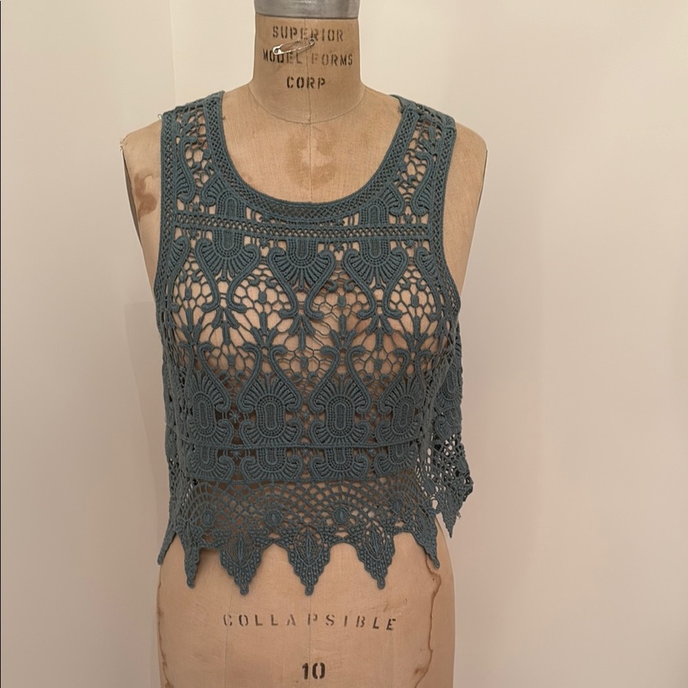 Dusty Teal Crochet Sleeveless Top